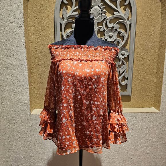 CeCe S Off Shoulder Floral Blouse Ruffle Sleeve Boho Cottagecore Garden Romantic - Picture 3 of 10